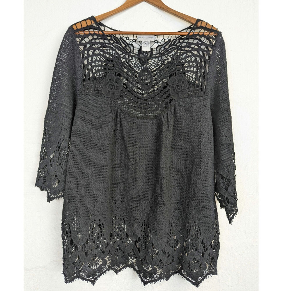 Soft Surroundings Crochet Sweater Black Dark Boho Witchy Whimsigoth Womens XL